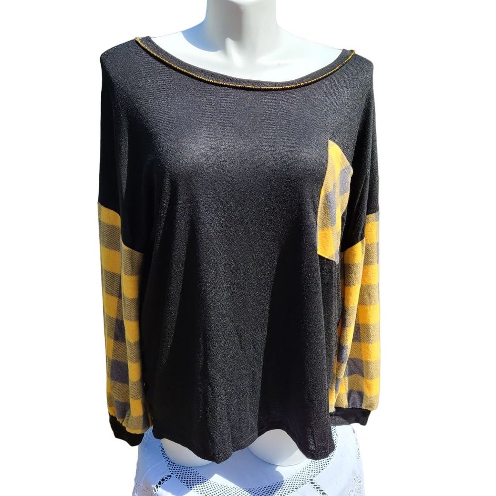 Haptics Womens Black Long Sleeve Blouse Size 2X Yellow Plaid, Writers Pocket